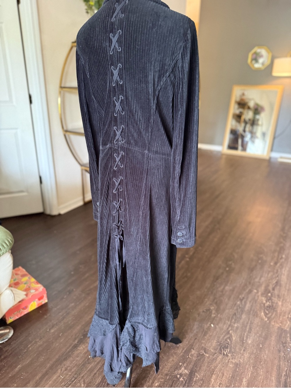 Free People Black Corduroy Knit Lace maxi Duster Coat. Boho Gothic Victorian - M